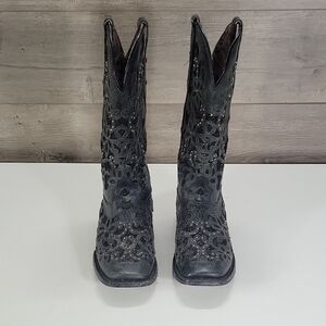 Women's Alfa Dark Gray/Black Cut-Out Embellished Western Boots Sz 9